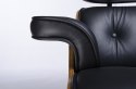King Home Fotel LOUNGE obrotowy czarny - skóra naturalna sklejka orzech z podnóżkiem obrotowym podstawa stal malowana polerowana