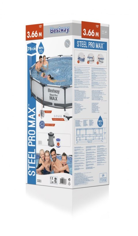 Bestway 56416 BASEN STELAŻOWY OKRĄGŁY STEEL PRO MAX Z POMPĄ FILTRACYJNĄ 3.66m x 0.76m stalowy stelaż odporny na korozję Bestway 56416 BASEN STELAŻOWY OKRĄGŁY STEEL PRO MAX Z POMPĄ FILTRACYJNĄ 3.66m x 0.76m stalowy stelaż odporny na korozję