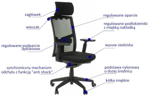 Fotel obrotowy KB-8922A CZARNY - krzesło biurowe do biurka - TILT, ZAGŁÓWEK Fotel obrotowy KB-8922A CZARNY - krzesło biurowe do biurka - TILT, ZAGŁÓWEK