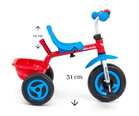 Milly Mally Rowerek trójkołowy z rączką Turbo Cool Red Czerwono Niebieski dzwonek pasy bezpieczeństwa regulacja siedziska koszyk Milly Mally Rowerek trójkołowy z rączką Turbo Cool Red Czerwono Niebieski dzwonek pasy bezpieczeństwa regulacja siedziska koszyk