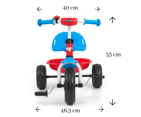 Milly Mally Rowerek trójkołowy z rączką Turbo Cool Red Czerwono Niebieski dzwonek pasy bezpieczeństwa regulacja siedziska koszyk Milly Mally Rowerek trójkołowy z rączką Turbo Cool Red Czerwono Niebieski dzwonek pasy bezpieczeństwa regulacja siedziska koszyk
