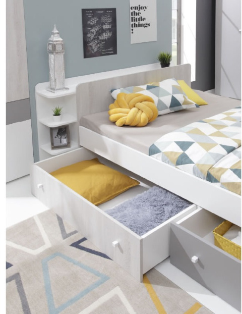 ŁÓŻKO MŁODZIEŻOWE Z SZUFLADAMI I PÓŁKAMI 120x200 Biały Lux /Dąb Wilton /Szary Meblar COMO System CM13 LAMINAT OBRZEŻA ABS ŁÓŻKO MŁODZIEŻOWE Z SZUFLADAMI I PÓŁKAMI 120x200 Biały Lux /Dąb Wilton /Szary Meblar COMO System CM13 LAMINAT OBRZEŻA ABS