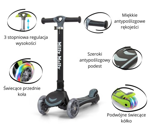 Milly Mally Hulajnoga Scooter Jeździk Boogie Black trójkołowa Czarna łożyskowane kauczukowe kółka świecące z hamulcem 3 lata+ Milly Mally Hulajnoga Scooter Jeździk Boogie Black trójkołowa Czarna łożyskowane kauczukowe kółka świecące z hamulcem 3 lata+