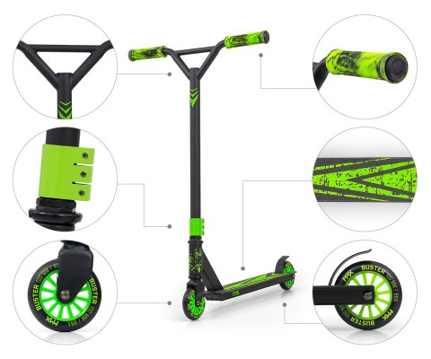 Milly Mally MMX Hulajnoga wyczynowa Scooter Jeździk MMX Buster Green Zielony kółka łożyskowane z hamulcem aluminium stal