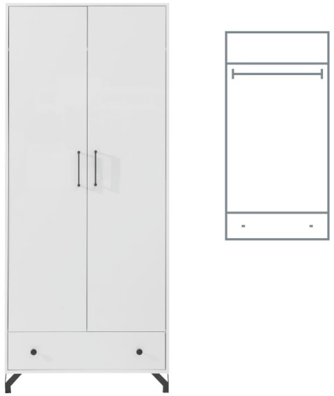 SZAFA MŁODZIEŻOWA UBRANIOWA MEBLAR Bergen System BE1 - Biały Lux / Biały wysoki połysk DWUDRZWIOWA Z SZUFLADĄ