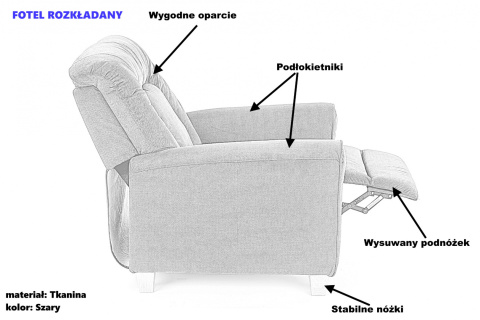 Halmar BARD fotel wypoczynkowy rozkładany popielaty Halmar BARD fotel wypoczynkowy rozkładany popielaty