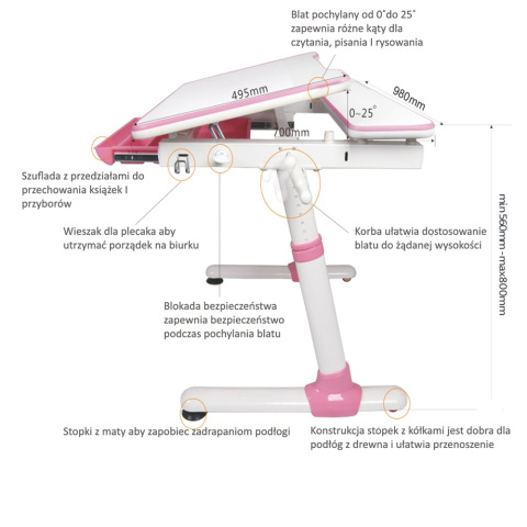 Fun Desk Biurko z szufladą regulowane Carezza Pink Różowe dla dziewczynki Fun Desk Biurko z szufladą regulowane Carezza Pink Różowe dla dziewczynki