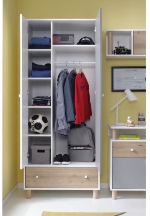 SZAFA MŁODZIEŻOWA MEBLAR FARO System FR3 - Biały Lux / Dąb Artisan / Szary DWUDRZWIOWA Z SZUFLADĄ PÓŁKI DRĄŻEK NA WIESZAKI SZAFA MŁODZIEŻOWA MEBLAR FARO System FR3 - Biały Lux / Dąb Artisan / Szary DWUDRZWIOWA Z SZUFLADĄ PÓŁKI DRĄŻEK NA WIESZAKI