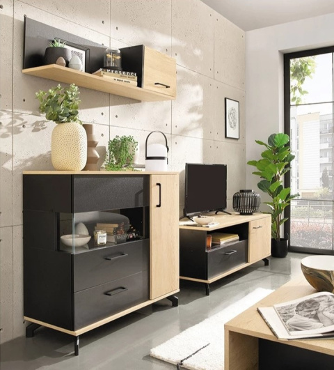 SZAFA NA UBRANIA MEBLAR MŁODZIEŻOWA MADISON System MD1 - czarny / dąb biszkoptowy płyta laminowana dla nastolatka dla dziecka SZAFA NA UBRANIA MEBLAR MŁODZIEŻOWA MADISON System MD1 - czarny / dąb biszkoptowy płyta laminowana dla nastolatka dla dziecka