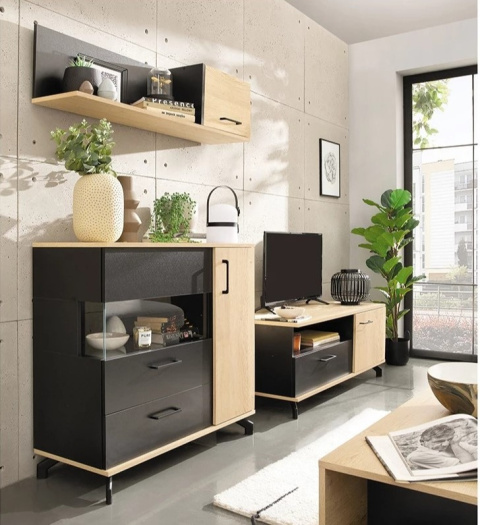 WITRYNA REGAŁ MŁODZIEŻOWY MEBLAR MADISON System MD3 - czarny / dąb biszkoptowy PŁYTA LAMINOWANA OBRZEŻA ABS DO POKOJU DO SALONU WITRYNA REGAŁ MŁODZIEŻOWY MEBLAR MADISON System MD3 - czarny / dąb biszkoptowy PŁYTA LAMINOWANA OBRZEŻA ABS DO POKOJU DO SALONU