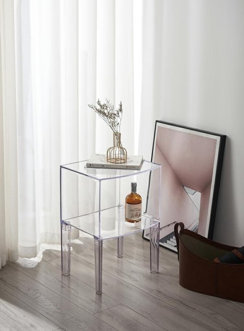 King Home Stolik VISION transparentny - poliwęglan z półką na drobiazgi 40x34,5 lekki i wytrzymały King Home Stolik VISION transparentny - poliwęglan z półką na drobiazgi 40x34,5 lekki i wytrzymały
