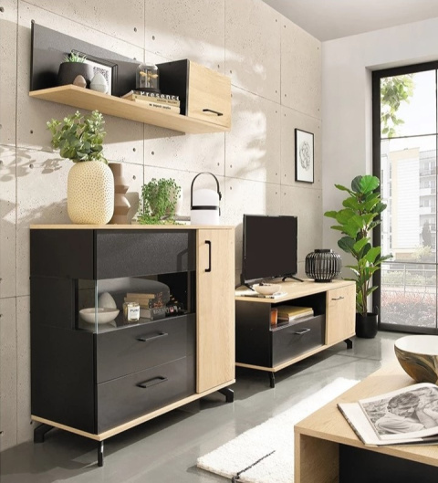 PÓŁKA WISZĄCA Z MAŁĄ SZAFKĄ MŁODZIEŻOWA MADISON System MD12 Meblar - czarny / dąb biszkoptowy PŁYTA LAMINOWANA OBRZEŻA ABS PÓŁKA WISZĄCA Z MAŁĄ SZAFKĄ MŁODZIEŻOWA MADISON System MD12 Meblar - czarny / dąb biszkoptowy PŁYTA LAMINOWANA OBRZEŻA ABS
