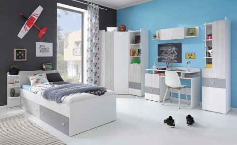 ŁÓŻKO MŁODZIEŻOWE Z SZUFLADAMI I PÓŁKAMI 120x200 Biały Lux /Dąb Wilton /Szary Meblar COMO System CM13 LAMINAT OBRZEŻA ABS ŁÓŻKO MŁODZIEŻOWE Z SZUFLADAMI I PÓŁKAMI 120x200 Biały Lux /Dąb Wilton /Szary Meblar COMO System CM13 LAMINAT OBRZEŻA ABS