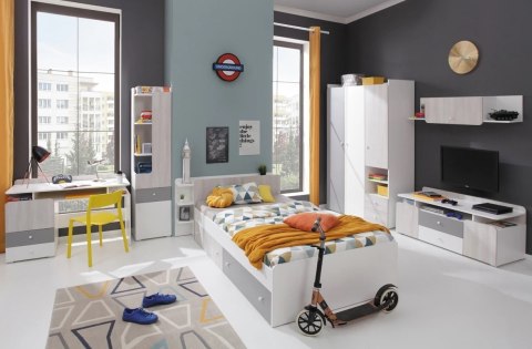 SZAFA TRZYDRZWIOWA MŁODZIEŻOWA COMO System CM1 Meblar - Biały Lux / Dąb Wilton biały / Szary PÓŁKI SZUFLADY LAMINAT OBRZEŻA ABS SZAFA TRZYDRZWIOWA MŁODZIEŻOWA COMO System CM1 Meblar - Biały Lux / Dąb Wilton biały / Szary PÓŁKI SZUFLADY LAMINAT OBRZEŻA ABS