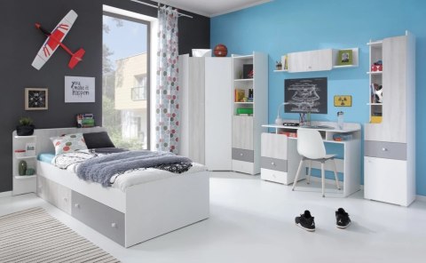 BIURKO MŁODZIEŻOWE - Biały Lux / Dąb Wilton biały / Szary Meblar COMO System CM9 SZAFKA PÓŁKI SZUFLADY PŁYTA LAMINOWANA BIURKO MŁODZIEŻOWE - Biały Lux / Dąb Wilton biały / Szary Meblar COMO System CM9 SZAFKA PÓŁKI SZUFLADY PŁYTA LAMINOWANA
