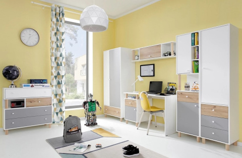 SZAFA MŁODZIEŻOWA TRZYDRZWIOWA Meblar FARO System FR1 - Biały Lux / Dąb Artisan / Szary PÓŁKI SZUFLADY dla dziecka nastolatka SZAFA MŁODZIEŻOWA TRZYDRZWIOWA Meblar FARO System FR1 - Biały Lux / Dąb Artisan / Szary PÓŁKI SZUFLADY dla dziecka nastolatka