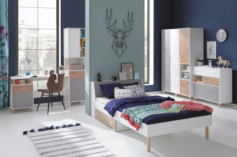 SZAFA MŁODZIEŻOWA TRZYDRZWIOWA Meblar FARO System FR1 - Biały Lux / Dąb Artisan / Szary PÓŁKI SZUFLADY dla dziecka nastolatka SZAFA MŁODZIEŻOWA TRZYDRZWIOWA Meblar FARO System FR1 - Biały Lux / Dąb Artisan / Szary PÓŁKI SZUFLADY dla dziecka nastolatka