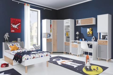 REGAŁ MŁODZIEŻOWY MEBLAR FARO System FR4 L/P - Biały Lux /Dąb Artisan /Szary ZAMKNIĘTY SZUFLADY do salonu dla dziecka nastolatka REGAŁ MŁODZIEŻOWY MEBLAR FARO System FR4 L/P - Biały Lux /Dąb Artisan /Szary ZAMKNIĘTY SZUFLADY do salonu dla dziecka nastolatka