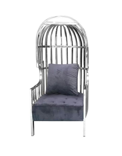 King Home Fotel LORD srebrny - czarne siedzisko z poduszką, metalowy stelaż , oparcie w kształcie klatki