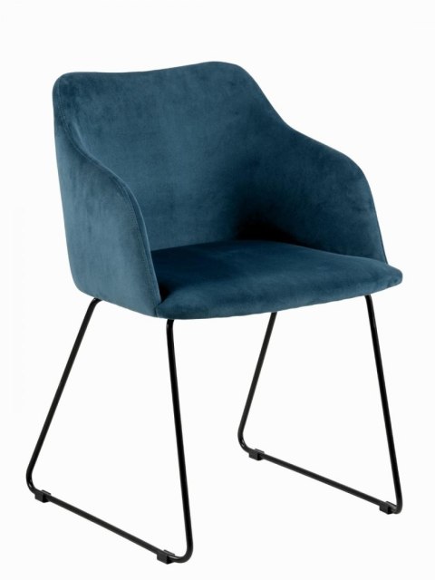 ACTONA Krzesło do jadalni Casablanca Dark Blue - tapicerowane krzesło granatowe z podłokietnikami, nogi czarne metalowe płozy ACTONA Krzesło do jadalni Casablanca Dark Blue - tapicerowane krzesło granatowe z podłokietnikami, nogi czarne metalowe płozy