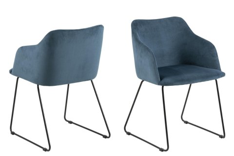 ACTONA Krzesło do jadalni Casablanca Dark Blue - tapicerowane krzesło granatowe z podłokietnikami, nogi czarne metalowe płozy ACTONA Krzesło do jadalni Casablanca Dark Blue - tapicerowane krzesło granatowe z podłokietnikami, nogi czarne metalowe płozy