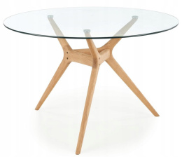 Halmar stół ASHMORE okrągły blat szkło - transparentny, noga lite drewno dębowe- naturalny fi 120