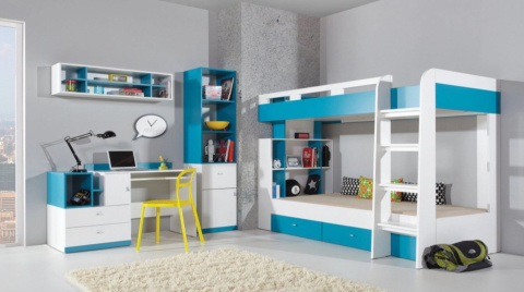 REGAŁ MOBI System MO3 Meblar - Biały Lux / Turkus regał z wnęką szafką szufladami PŁYTA LAMINOWANA MEBLE MŁODZIEŻOWE REGAŁ MOBI System MO3 Meblar - Biały Lux / Turkus regał z wnęką szafką szufladami PŁYTA LAMINOWANA MEBLE MŁODZIEŻOWE