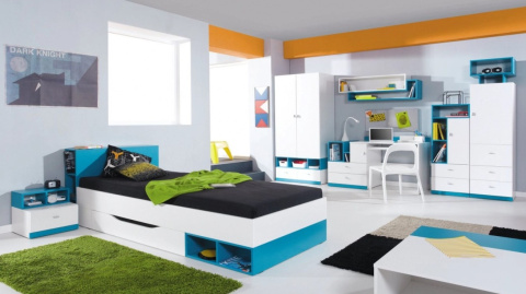 REGAŁ MOBI System MO3 Meblar - Biały Lux / Turkus regał z wnęką szafką szufladami PŁYTA LAMINOWANA MEBLE MŁODZIEŻOWE REGAŁ MOBI System MO3 Meblar - Biały Lux / Turkus regał z wnęką szafką szufladami PŁYTA LAMINOWANA MEBLE MŁODZIEŻOWE