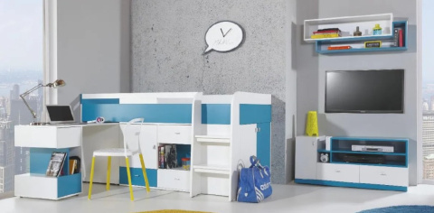 REGAŁ MOBI System MO3 Meblar - Biały Lux / Turkus regał z wnęką szafką szufladami PŁYTA LAMINOWANA MEBLE MŁODZIEŻOWE REGAŁ MOBI System MO3 Meblar - Biały Lux / Turkus regał z wnęką szafką szufladami PŁYTA LAMINOWANA MEBLE MŁODZIEŻOWE