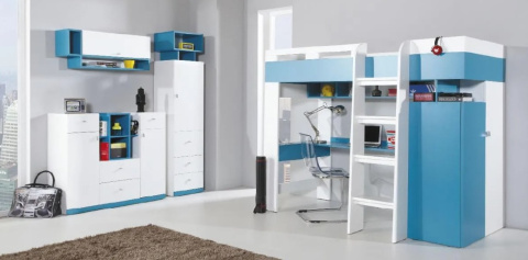 REGAŁ MOBI System MO3 Meblar - Biały Lux / Turkus regał z wnęką szafką szufladami PŁYTA LAMINOWANA MEBLE MŁODZIEŻOWE REGAŁ MOBI System MO3 Meblar - Biały Lux / Turkus regał z wnęką szafką szufladami PŁYTA LAMINOWANA MEBLE MŁODZIEŻOWE
