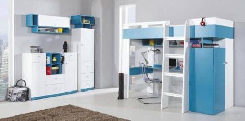 REGAŁ Z SZUFLADAMI SZAFKA MEBLE MŁODZIEŻOWE MOBI System MO4 Meblar - Biały Lux / Turkus - z szafką i szufladami PŁYTA LAMINOWANA REGAŁ Z SZUFLADAMI SZAFKA MEBLE MŁODZIEŻOWE MOBI System MO4 Meblar - Biały Lux / Turkus - z szafką i szufladami PŁYTA LAMINOWANA