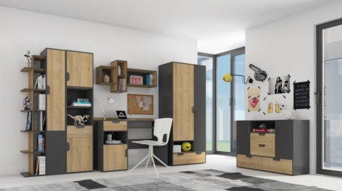 REGAŁ MŁODZIEŻOWY Z SZUFLADAMI I PÓŁKAMI NANO System NA6 Meblar - Grafit / Dąb Riviera PŁYTA LAMINOWANA OBRZEŻA ABS REGAŁ MŁODZIEŻOWY Z SZUFLADAMI I PÓŁKAMI NANO System NA6 Meblar - Grafit / Dąb Riviera PŁYTA LAMINOWANA OBRZEŻA ABS