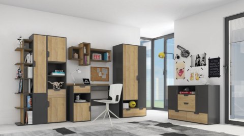 BIURKO Z PÓŁKAMI SZUFLADĄ DRZWIAMI MEBLE MŁODZIEŻOWE NANO System NA9 Meblar - Grafit / Dąb Riviera PŁYTA LAMINOWANA OBRZEŻA ABS BIURKO Z PÓŁKAMI SZUFLADĄ DRZWIAMI MEBLE MŁODZIEŻOWE NANO System NA9 Meblar - Grafit / Dąb Riviera PŁYTA LAMINOWANA OBRZEŻA ABS