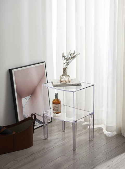 King Home Stolik VISION transparentny - poliwęglan z półką na drobiazgi 40x34,5 lekki i wytrzymały King Home Stolik VISION transparentny - poliwęglan z półką na drobiazgi 40x34,5 lekki i wytrzymały