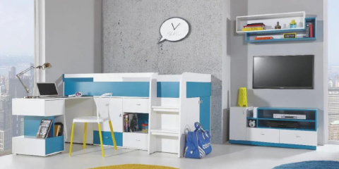 Meblar MOBI System MO11 - Bialy Lux / Turkus - biurko młodzieżowe z szufladami Meblar MOBI System MO11 - Bialy Lux / Turkus - biurko młodzieżowe z szufladami