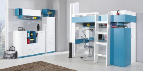 Meblar MOBI System MO11 - Bialy Lux / Turkus - biurko młodzieżowe z szufladami Meblar MOBI System MO11 - Bialy Lux / Turkus - biurko młodzieżowe z szufladami