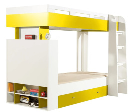 Meblar MOBI System MO19 - Bialy Lux / Żółty - łózko piętrowe młodzieżowe z szufladami,. półkami i drabinką