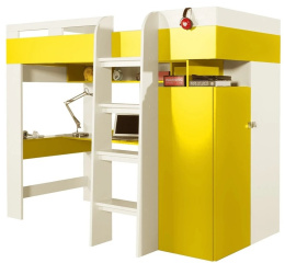 Meblar MOBI System MO20 - Bialy Lux / Żółty - łóżko piętrowe z szafą, półkami i biurkiem - drabinka