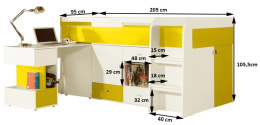 Meblar MOBI System MO21 - Bialy Lux / Żółty - łóżko piętrowe z szafkami i półkami