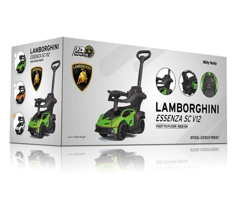 Milly Mally Pojazd z rączką LAMBORGHINI ESSENZA SC V12 Green - jeździk samochód zielony, skrętne koła, kierownica z dźwiękiem Milly Mally Pojazd z rączką LAMBORGHINI ESSENZA SC V12 Green - jeździk samochód zielony, skrętne koła, kierownica z dźwiękiem