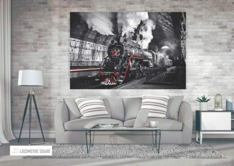 SIGNAL OBRAZ LOCOMOTIVE 120X80 - obraz na szkle hartowanym, lokomotywa czarno biały SIGNAL OBRAZ LOCOMOTIVE 120X80 - obraz na szkle hartowanym, lokomotywa czarno biały