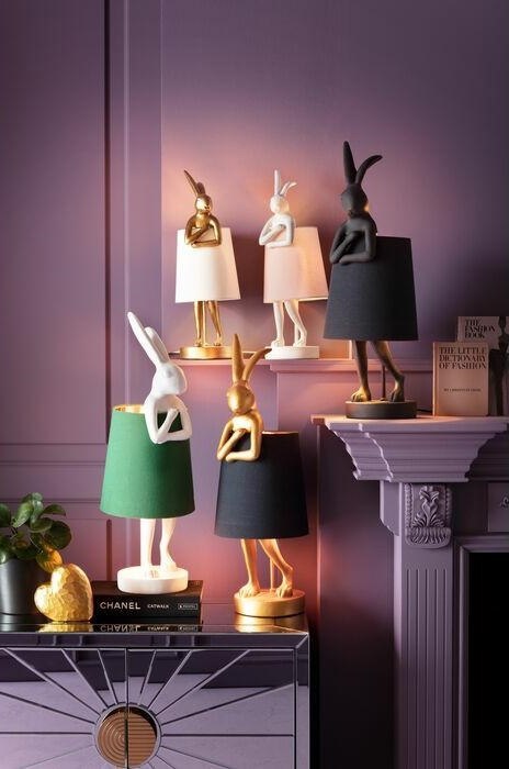 Kare Design KARE lampa stołowa RABBIT złota / biała - lampka złoty króliczek i biały klosz, wykonana z polirezyny lakierowanej Kare Design KARE lampa stołowa RABBIT złota / biała - lampka złoty króliczek i biały klosz, wykonana z polirezyny lakierowanej