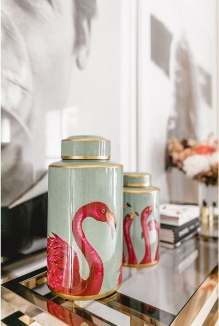 Kare Design KARE słoik dekoracyjny FLAMINGOS 29cm - wazon z pokrywka, ręcznie malowany - na drobiaski, kwiaty Kare Design KARE słoik dekoracyjny FLAMINGOS 29cm - wazon z pokrywka, ręcznie malowany - na drobiaski, kwiaty