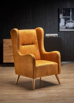 CHESTER 2 fotel wypoczynkowy miodowy (tkanina 9. Amber) - tapicerowany żółty - nogi drewno lite - wysokie oparcie - fotel uszak