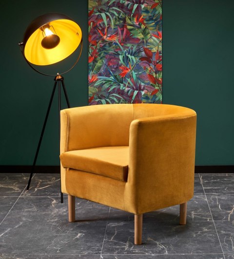 Halmar CLUBBY 2 fotel wypoczynkowy musztardowy / naturalny - tapicerowany - nogi drewno lite - poduszka na siedzisku - kubełkowy Halmar CLUBBY 2 fotel wypoczynkowy musztardowy / naturalny - tapicerowany - nogi drewno lite - poduszka na siedzisku - kubełkowy