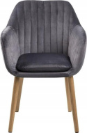 ACTONA krzesło fotel EMILIA ciemno szare 28 welur nogi drewno dąb z podłokietnikami dekoracyjne pikowania