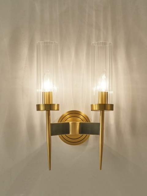 King Home Lampa ścienna Kinkiet podwójny TORCH TWIN stal złota klosze kryształ bezbarwny 2 x E14 King Home Lampa ścienna Kinkiet podwójny TORCH TWIN stal złota klosze kryształ bezbarwny 2 x E14