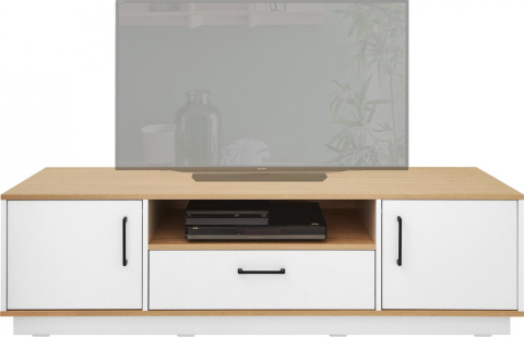 SZAFKA RTV STOJĄCA KOMODA NISKA SANTIAGO System SN05 Meblar - Dąb Biszkoptowy /Biały Lux CZARNE UCHWYTY LAMINAT DO SALONU POKOJU SZAFKA RTV STOJĄCA KOMODA NISKA SANTIAGO System SN05 Meblar - Dąb Biszkoptowy /Biały Lux CZARNE UCHWYTY LAMINAT DO SALONU POKOJU