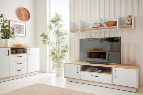 SZAFKA RTV STOJĄCA KOMODA NISKA SANTIAGO System SN05 Meblar - Dąb Biszkoptowy /Biały Lux CZARNE UCHWYTY LAMINAT DO SALONU POKOJU SZAFKA RTV STOJĄCA KOMODA NISKA SANTIAGO System SN05 Meblar - Dąb Biszkoptowy /Biały Lux CZARNE UCHWYTY LAMINAT DO SALONU POKOJU