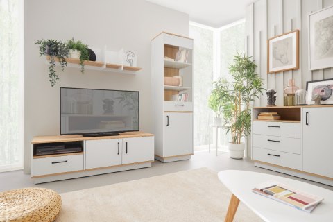 SZAFKA RTV STOJĄCA KOMODA NISKA SANTIAGO System SN05 Meblar - Dąb Biszkoptowy /Biały Lux CZARNE UCHWYTY LAMINAT DO SALONU POKOJU SZAFKA RTV STOJĄCA KOMODA NISKA SANTIAGO System SN05 Meblar - Dąb Biszkoptowy /Biały Lux CZARNE UCHWYTY LAMINAT DO SALONU POKOJU